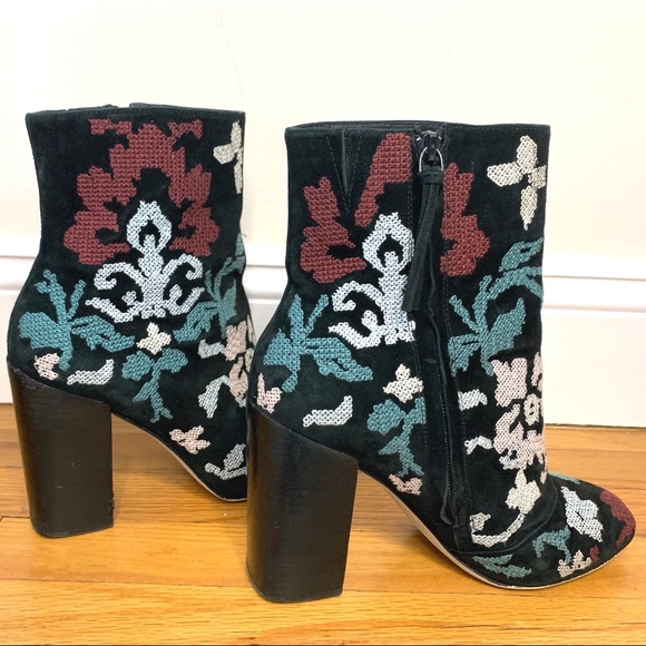 Vintage Rebecca Minkoff Floral Embroidered Suede Chunky Heel Ankle Boot - Picture 4 of 6